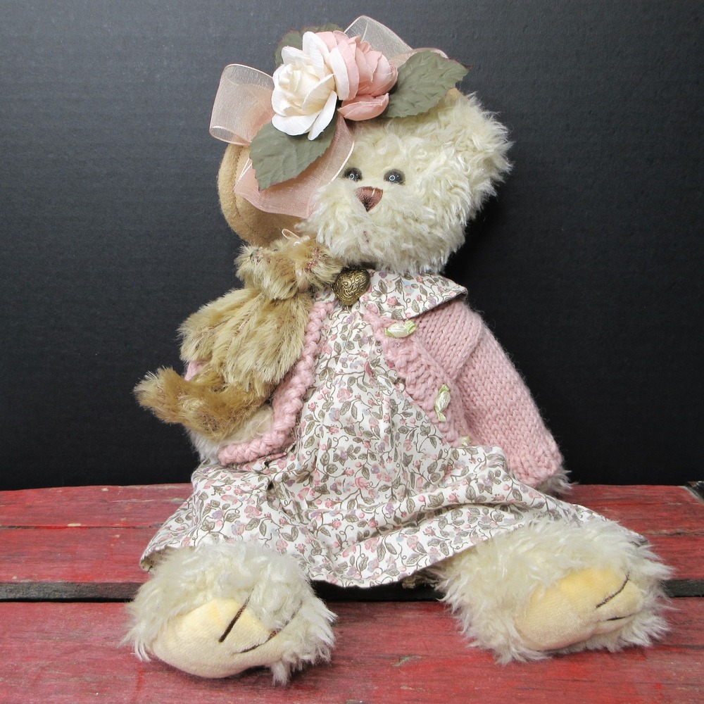 Vtg Bearington Daisy & Belle Teddy Bear Cream Woven Sweater Floral Dress